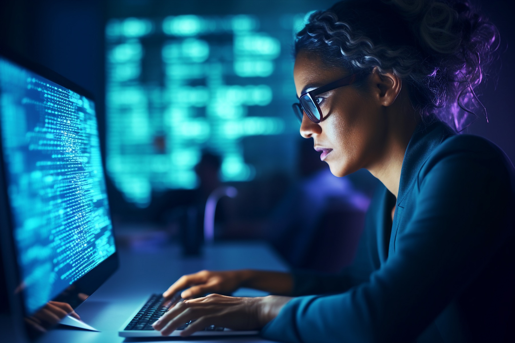 woman with glasses working at a computer working on cyber code